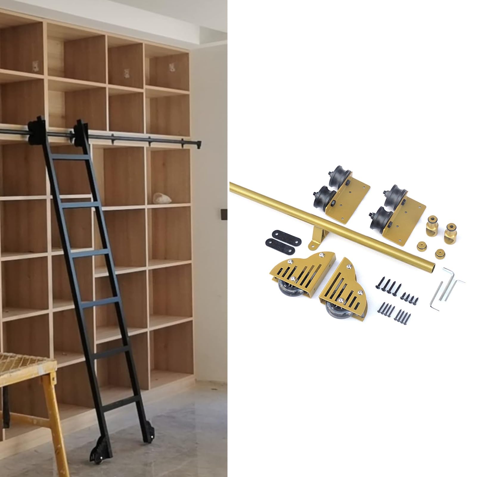 Kit de escalera corredera de biblioteca en metal dorado con juego de herrajes premium de 610cm