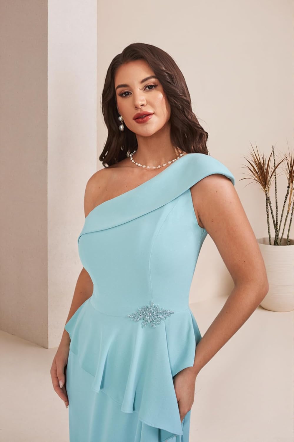 Mother of The Bride Dresses for Wedding One Shoulder Cascading Ruffle Formal Grandmother Groom Gown MX26