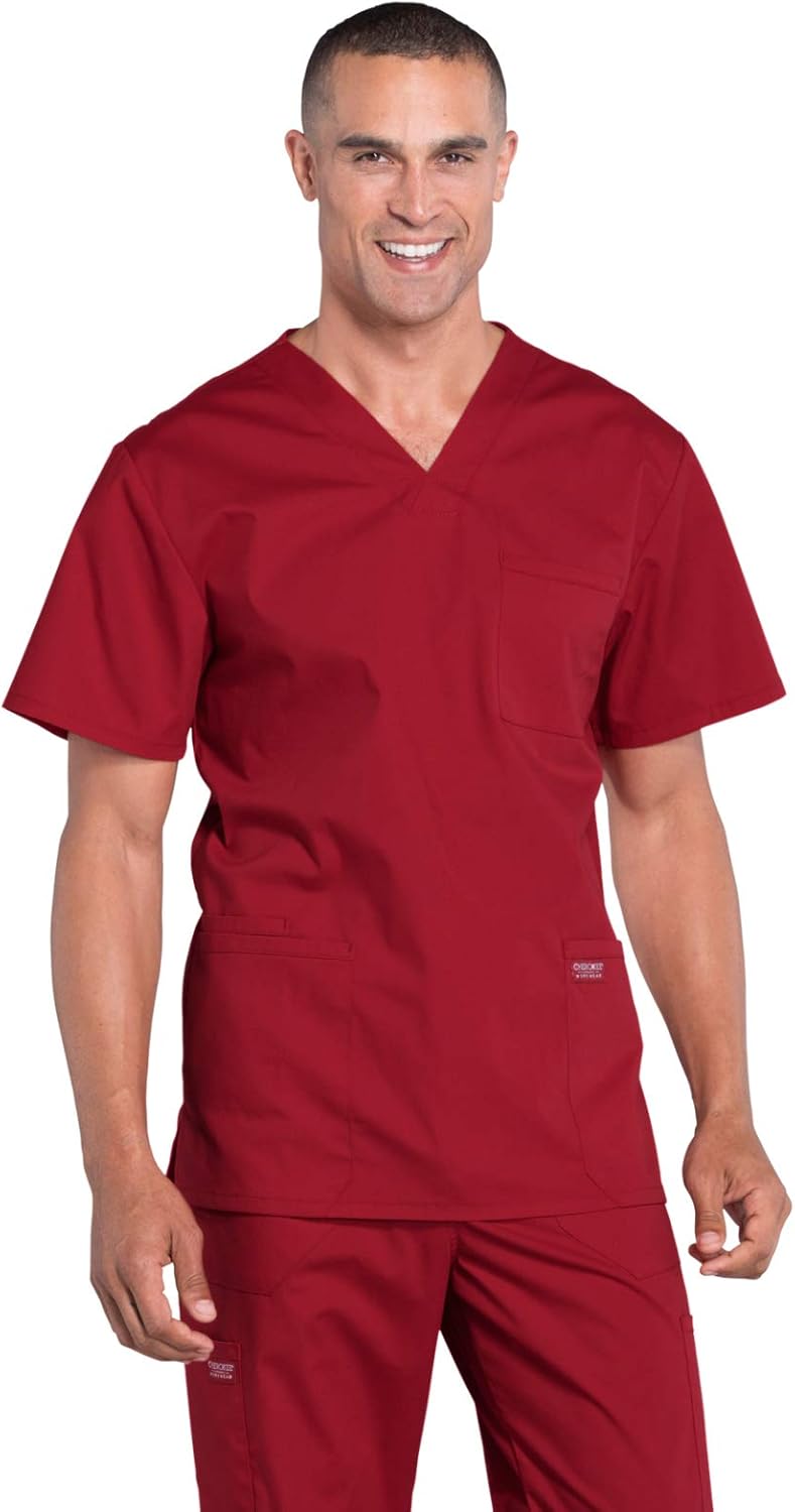 Cherokee Scrubs for Men Workwear Professionals V-Neck Four-Pocket Scrub Top WW695 X-Small Red