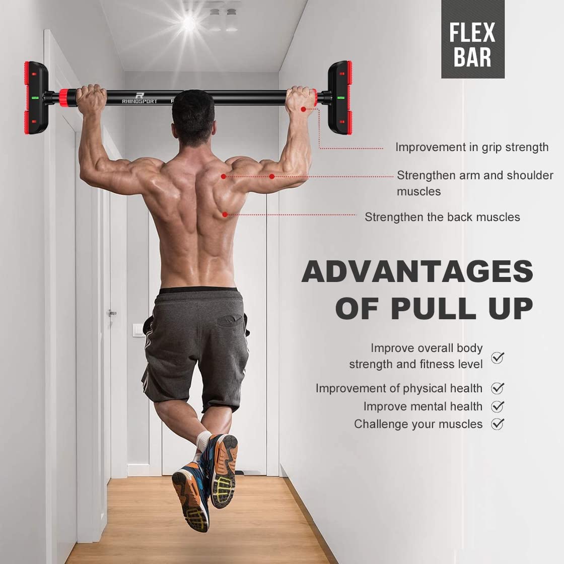 RHINOSPORT Klimmzugstange Türrahmen ohne Schrauben mit Neues Drehbares Zahnradschloss, Klimmzugstange verstellbar 69-92 cm (27.1in-36.2in), Tragkraft bis 200 Kg Pull Up Bar