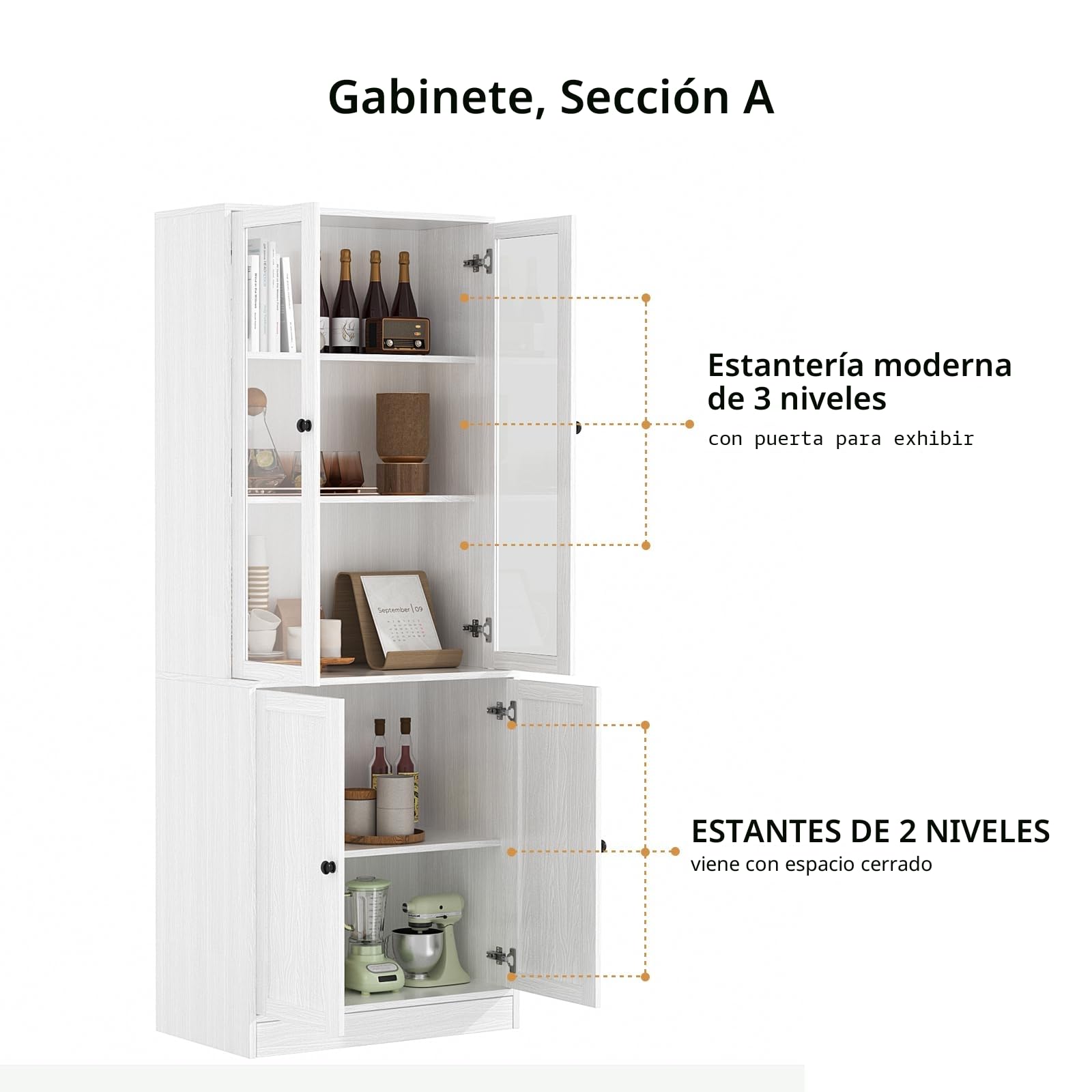 VOWNER Estantería con Puertas, 180 cm Vitrina de Cristal, Librería de 6 Niveles con Puertas y Armario, Vitrina Salón, Aparador Comedor, Aparador Cocina, Estantería Oficina, ABA (Blanco)