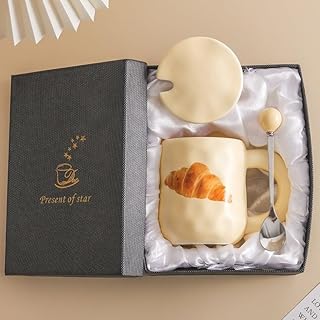 Adorable Bread Ceramic Mug with Lid & Spoon, Microwave Safe, 16oz – Cute...