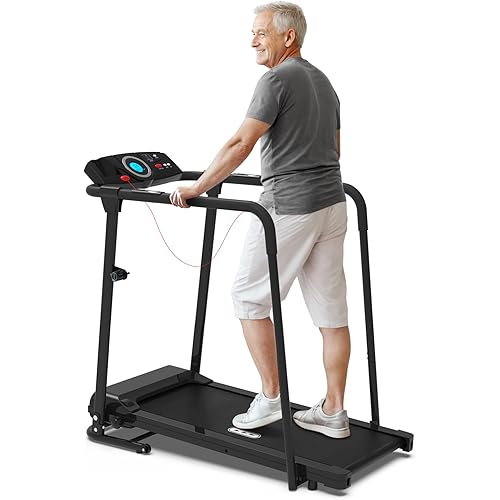 Redliro Treadmill for Seniors with Long Handrails - 300 lbs Capacity Walking Treadmill for Elderly with Cup Holder - Recovery Machine for Home Use with Clear, Non-Scrolling Display (Black)
