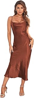 Women's Spaghetti Strap Midi Satin Silk Dresses Slip Cowl Neck Party Cocktail Evening Sexy Dress - Buy now