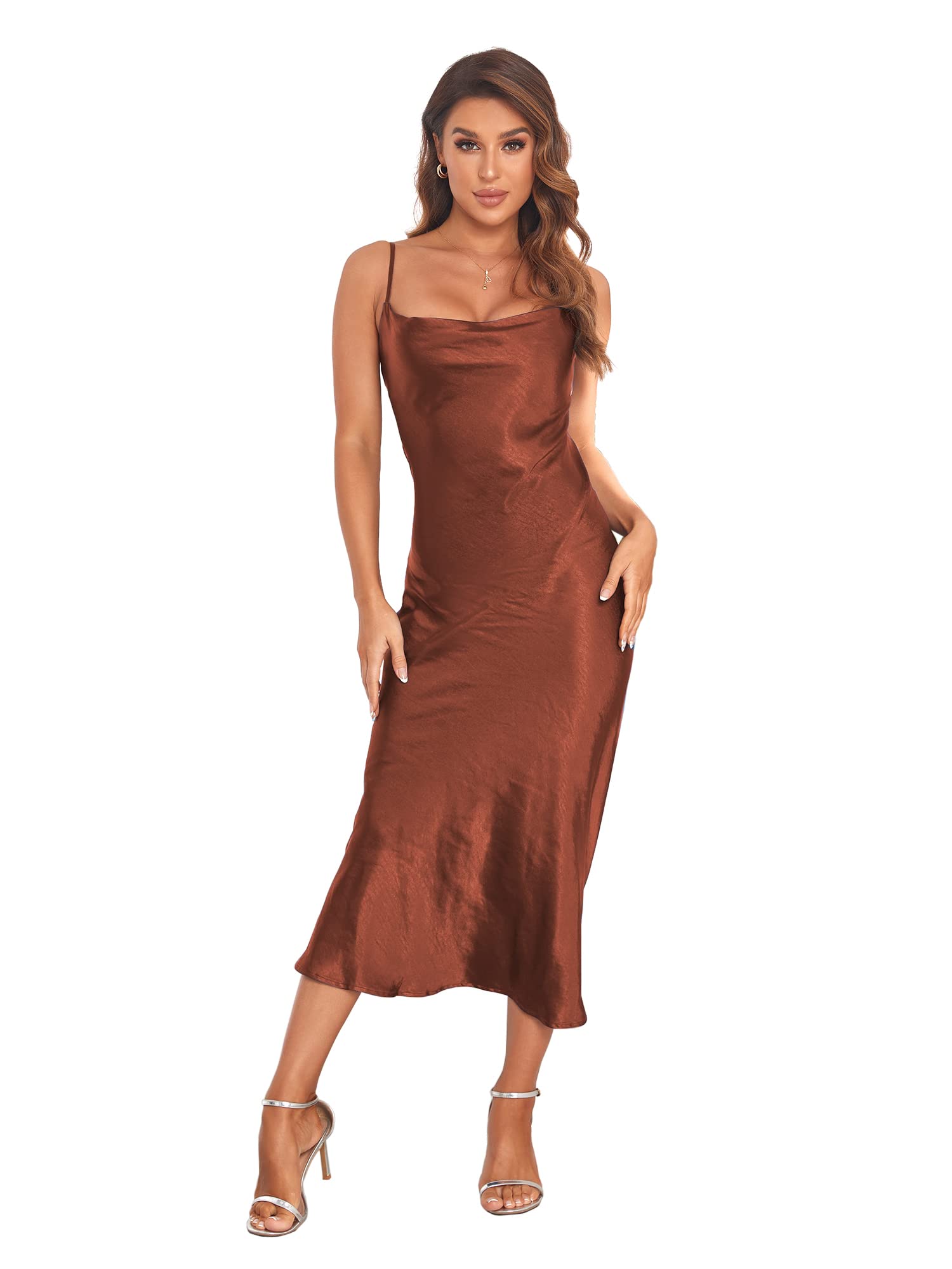 Women's Spaghetti Strap Midi Satin Silk Dresses Slip Cowl Neck Party Cocktail Evening Sexy Dress