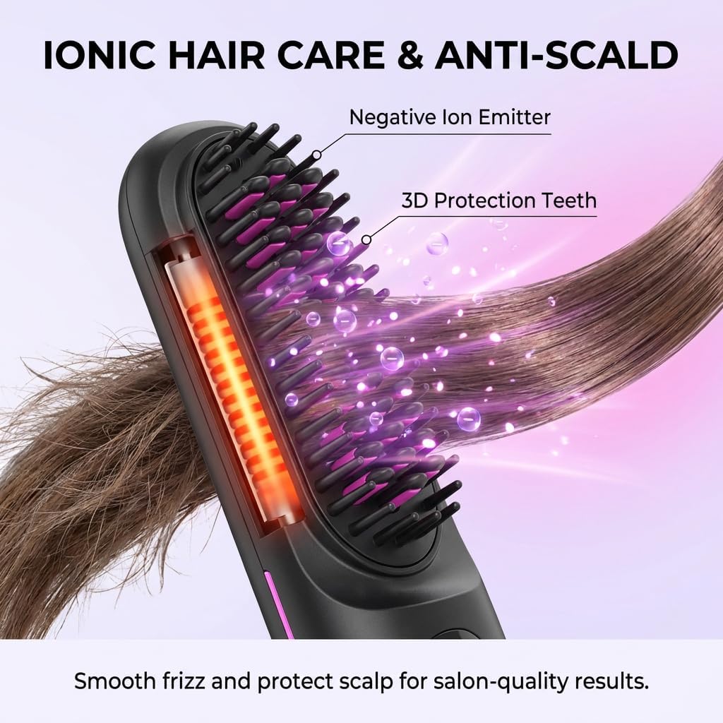 Cepillo Alisador Pelo Inalambrica, Escova Alisadora de Cabelo Iónico, Peine Alisador de Cabello Electrico Portátil, Recarga USB, con Pantalla LCD, 3 Modos Ajustable, 160-200°C, Mini Plancha Pelo — view 4