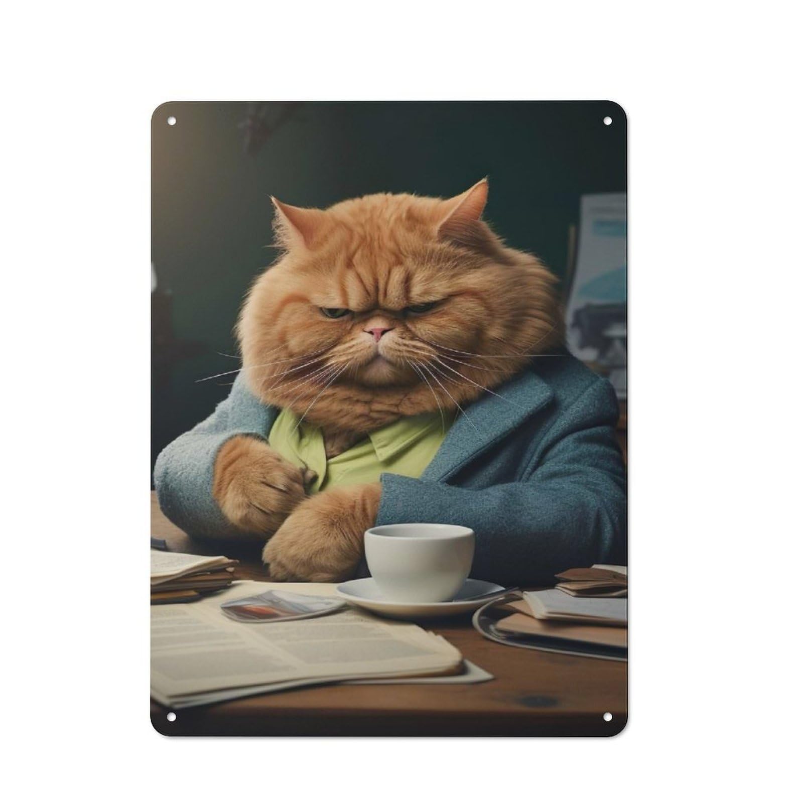 Junmoney Style-8 Rustic Angry Cat In Office Tin Wall Plaque 40X30cm, Rustic Kitchen Decor For Cottage, Kitchen, Hallway Or Breakfast Nook