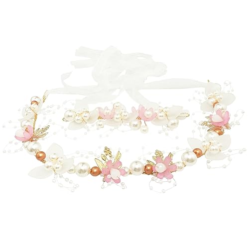 Miniatura 4 de Tocado de flores de perlas con ramillete de muñeca a juego para boda, niña de las flores, accesorios para fiesta de cumpleaños (estilo rosa)