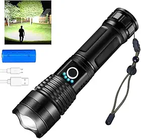 Lanterna Tática LED T9 P50, Recarregável USB, Alta Luminosidade, Kit com Bateria, Zoom Ajustável, Resistente à Água