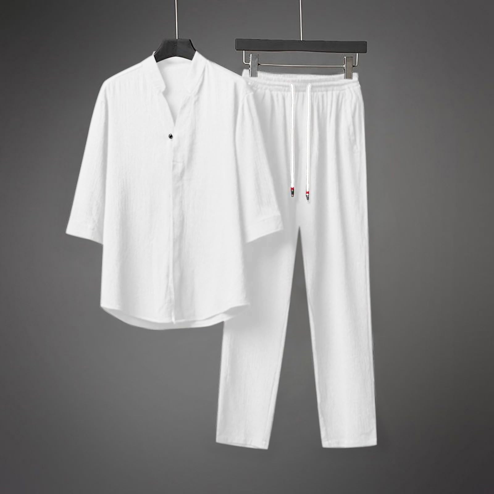 Completo Estivo da Uomo 2 Pezzi Casual per Spiaggia Tuta Completa in Cotone e Lino Maglietta + Pantaloni con Coulisse Set Uomini