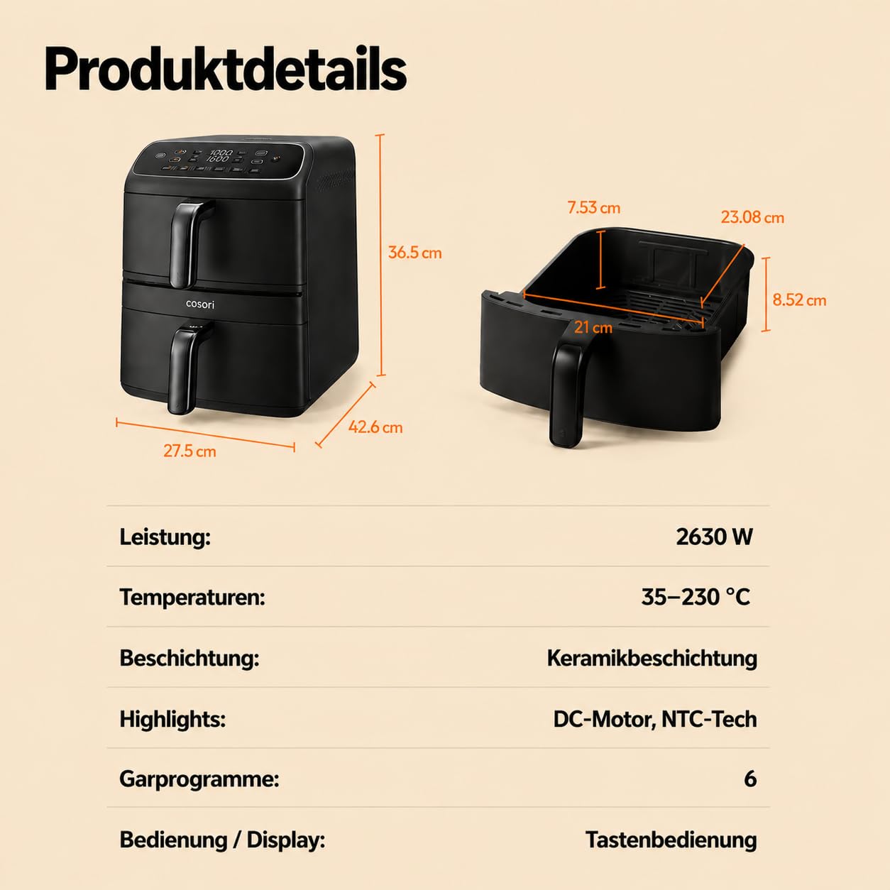 COSORI Airfryer | Turbo Tower Compact | Heißluftfritteuse 2 Kammern Keramikbeschichtung | 8,6L Double Stack mit mehreren Lüfterstufen | 2700W| Schwarz | DC861
