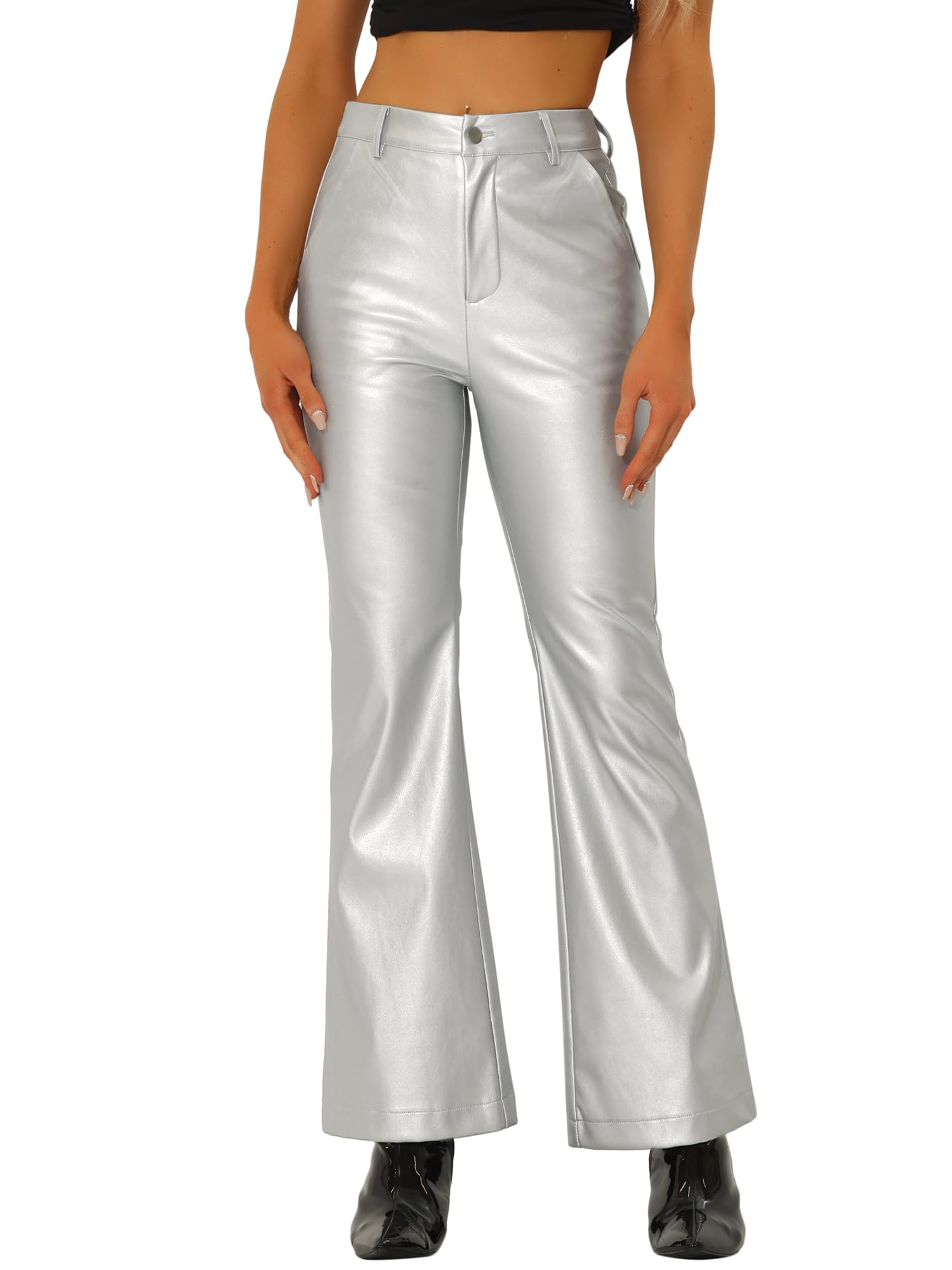 Allegra K Faux Leather Casual Pant for Womens High Waist Bell Bottom Flared Long PU Trouser