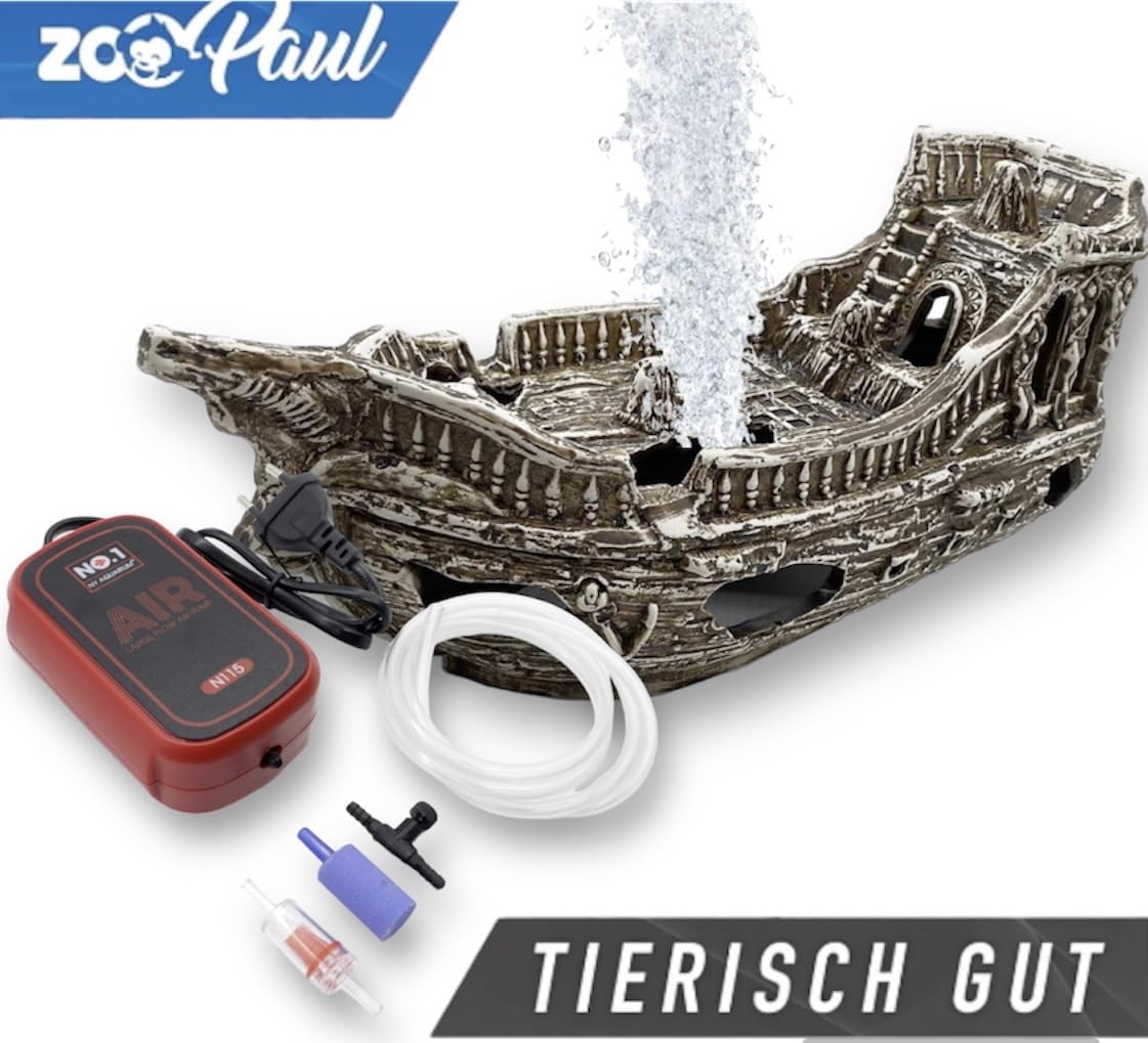 ZooPaul Sprudel Set Keramik Deko und Pumpe + Zubehör Dekoration Aquarium Terrarium XL Schiff Schiffswrack
