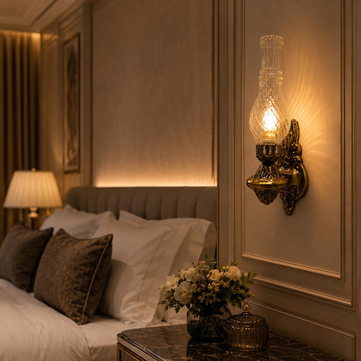 TRIPPING Antique Brass Golden Decorative Wall Lamp with Clear Chimney Glass Shade, E27 Holder, Warm White Wall Mounted Light for Bedroom, Living Room, Hallway, Hotel & Café, Pack of 1-image-40