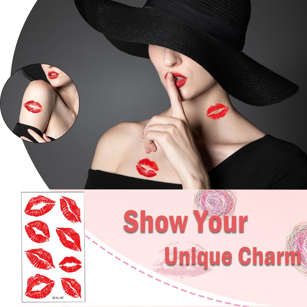 10 Sheets Red Lip Tattoo Stickers Waterproof Red Lip Temporary Kiss Tattoos Long Lasting Love Heart Tattoos Cute Flowers Decorative Stickers for Face Arms Neck Face Body Art - Image 3