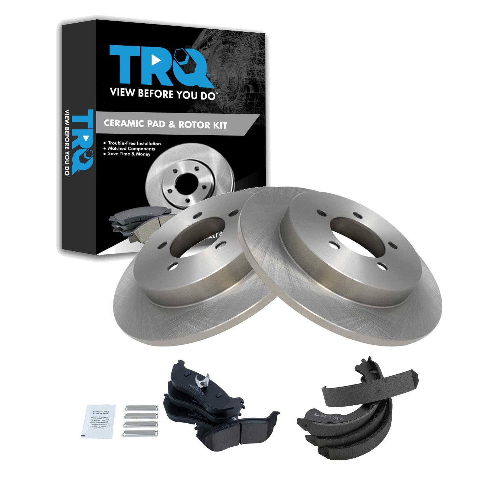 TRQ Rear Brake Pad and Rotor Set Ceramic Parking Brake Shoe Compatible with 2002-2005 Ford Explorer Mountaineer