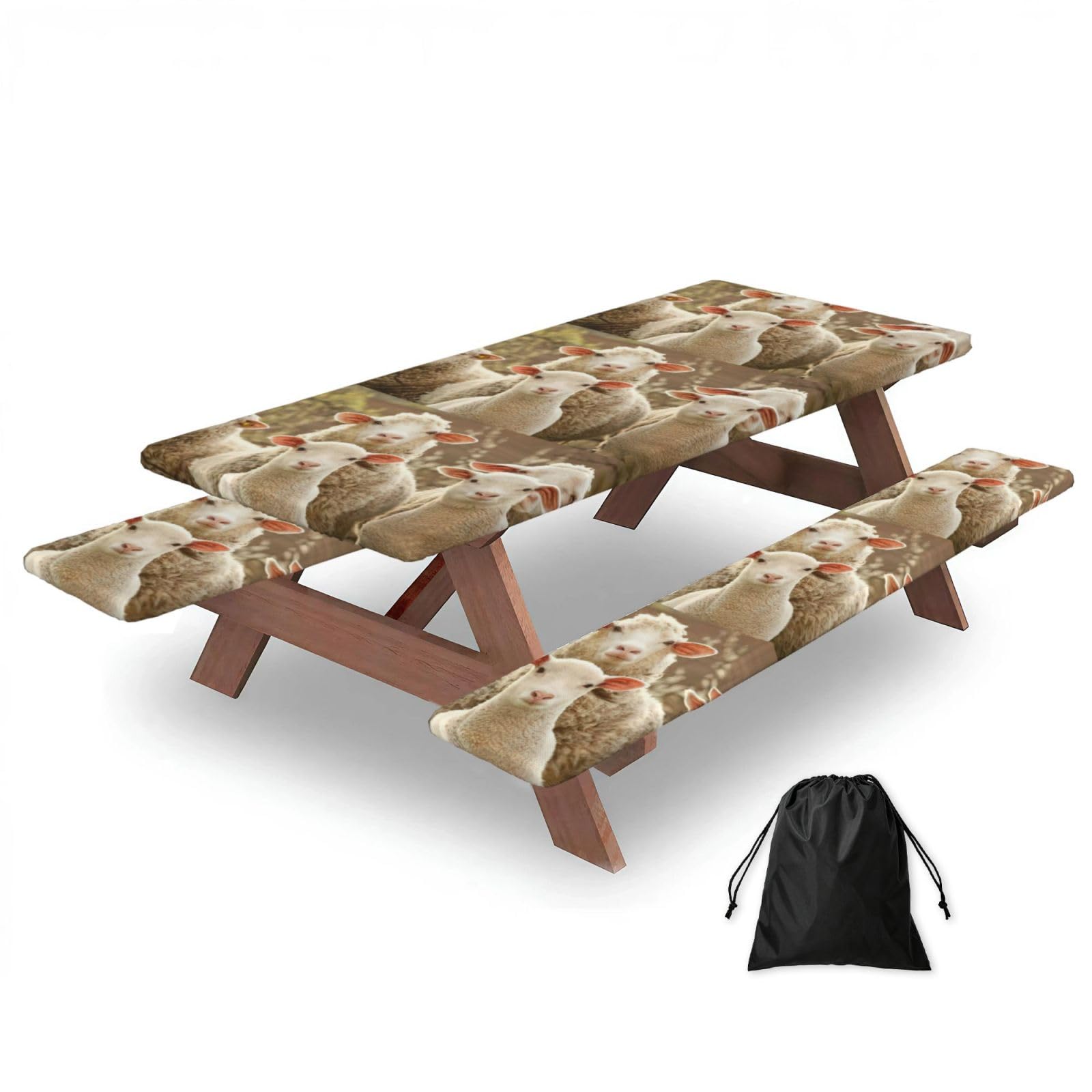 Duwaa Black Sheep And Lambs Print 183Cm Picnic Table Cover With Bench Covers, Waterproof Elastic Tablecloth Set For Outdoor