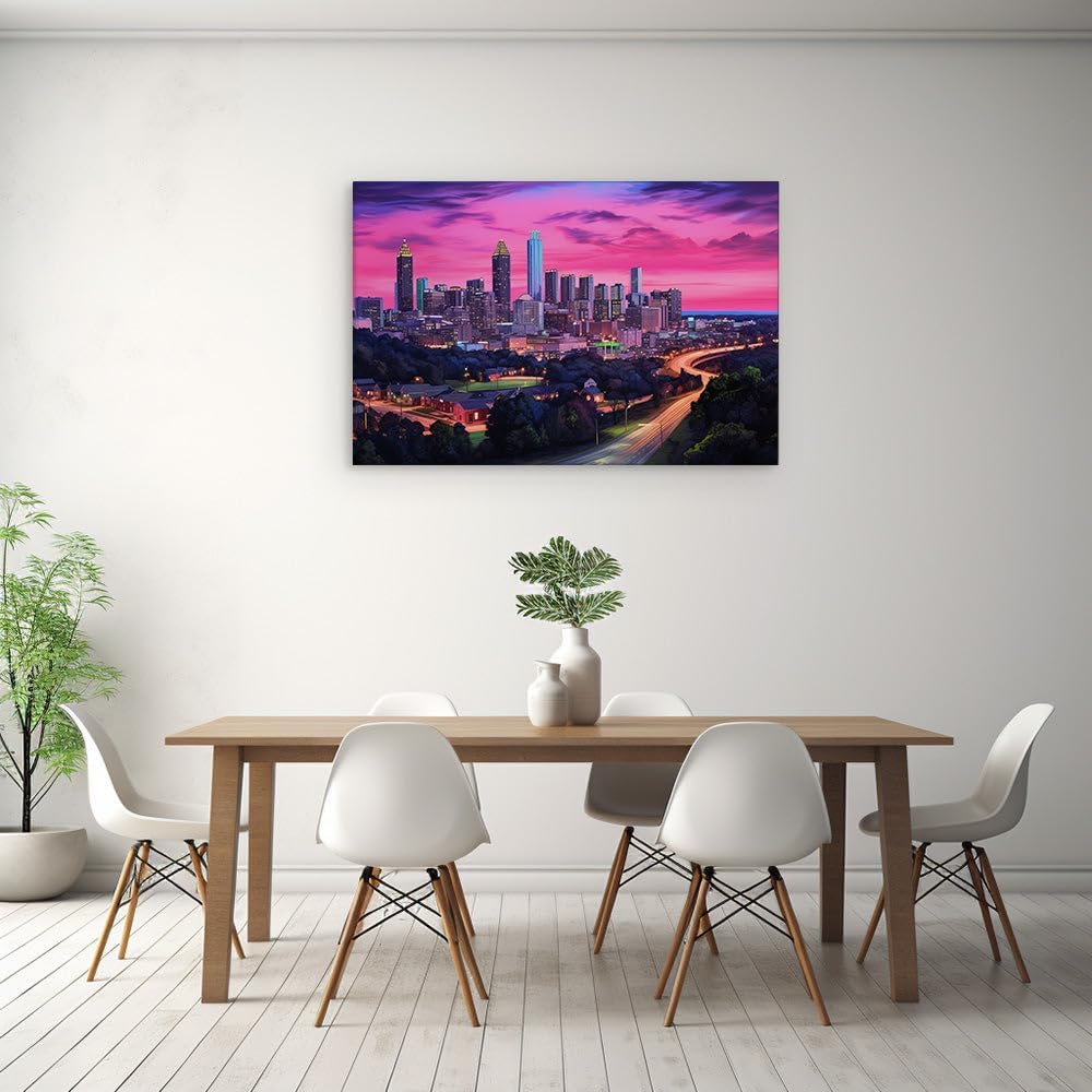 Canvas for Living room. Dusk Descends on the Urban Oasis: A Vivid Twilight Tableau, 27 x 18 inch Canvas Wall Art - Ready to Hang