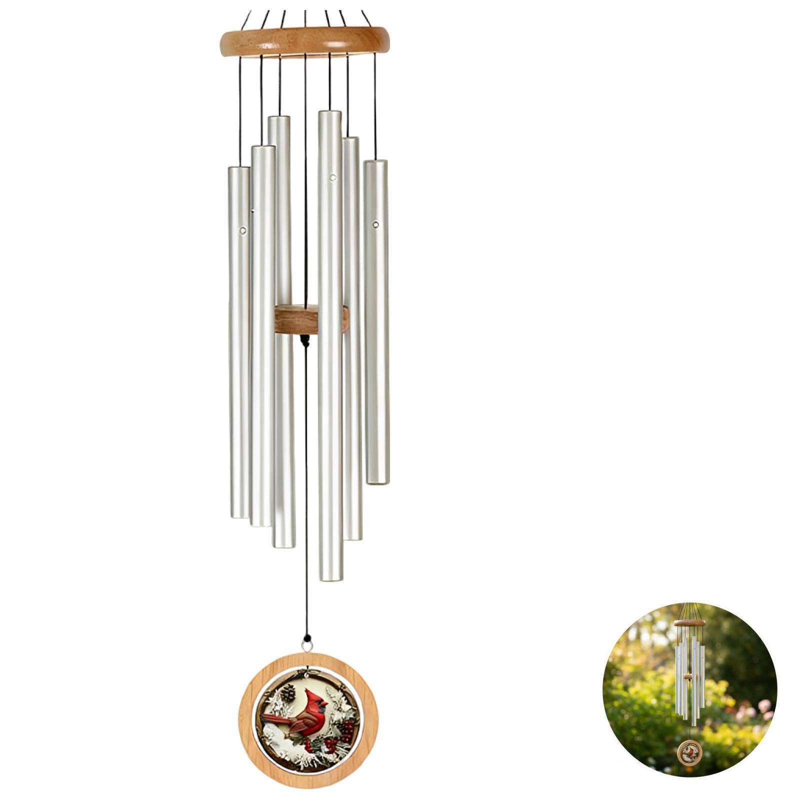 Nowoczesne dzwonki wietrzne Cardinal Outdoor Memorial, srebrna rura aluminiowa, 86 cm, 4,5 cala/11,4 cm ozdobna ozdoba, drewniana pętla do ogrodu, na patio, do domu