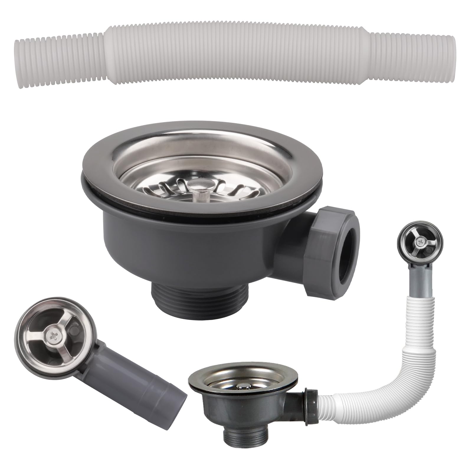 Piletta Lavello Cucina 114 mm Scarico Lavello Cucina 304 Acciaio Inossidabile Filtro per Cestello 1½" con 45mm Vite Lunga e Troppopieno