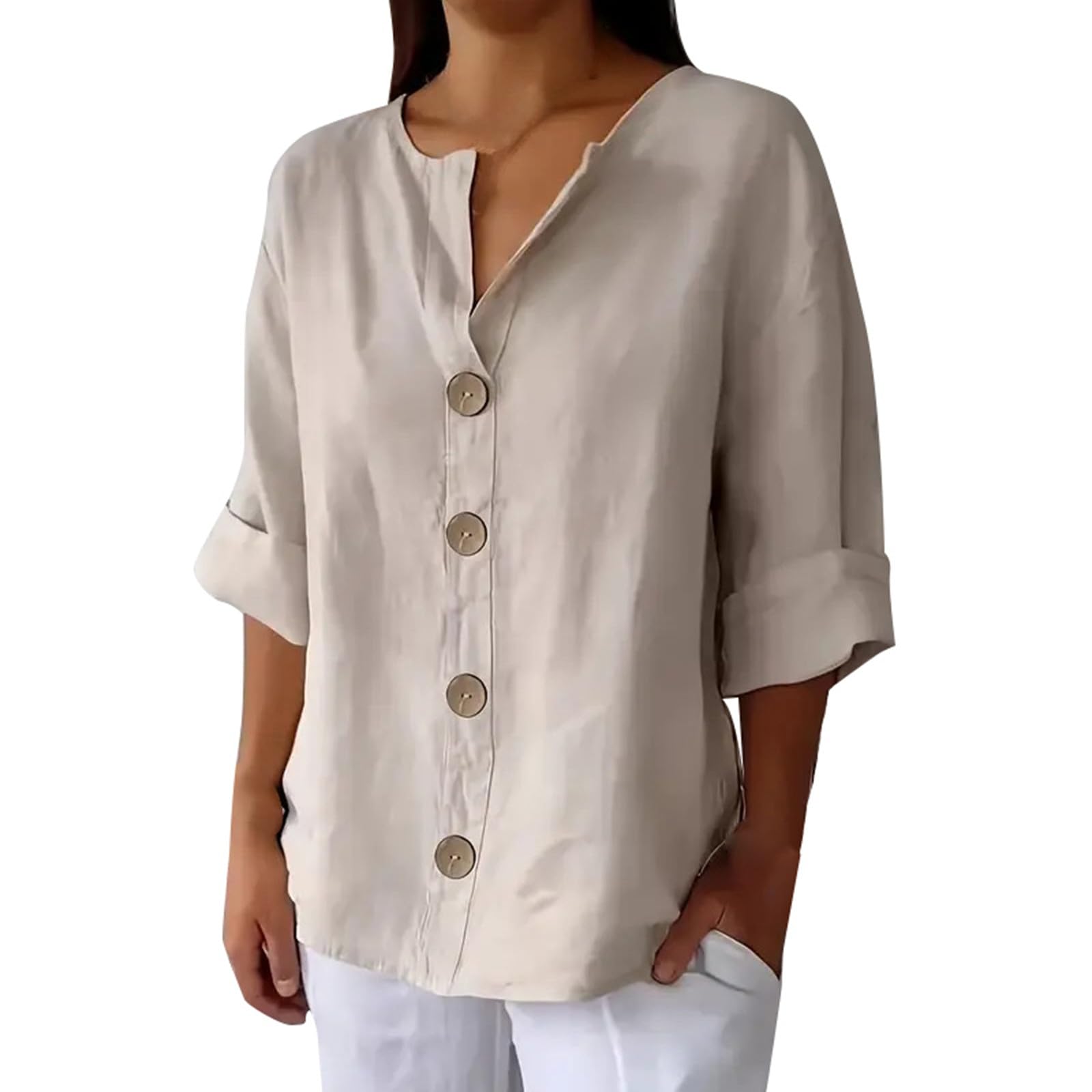 Chemise Femme Col Mao Manches 3/4 En Coton/lin - Coupe Ample, Couleur Unie, Boutonnée, Style Décontracté Chic