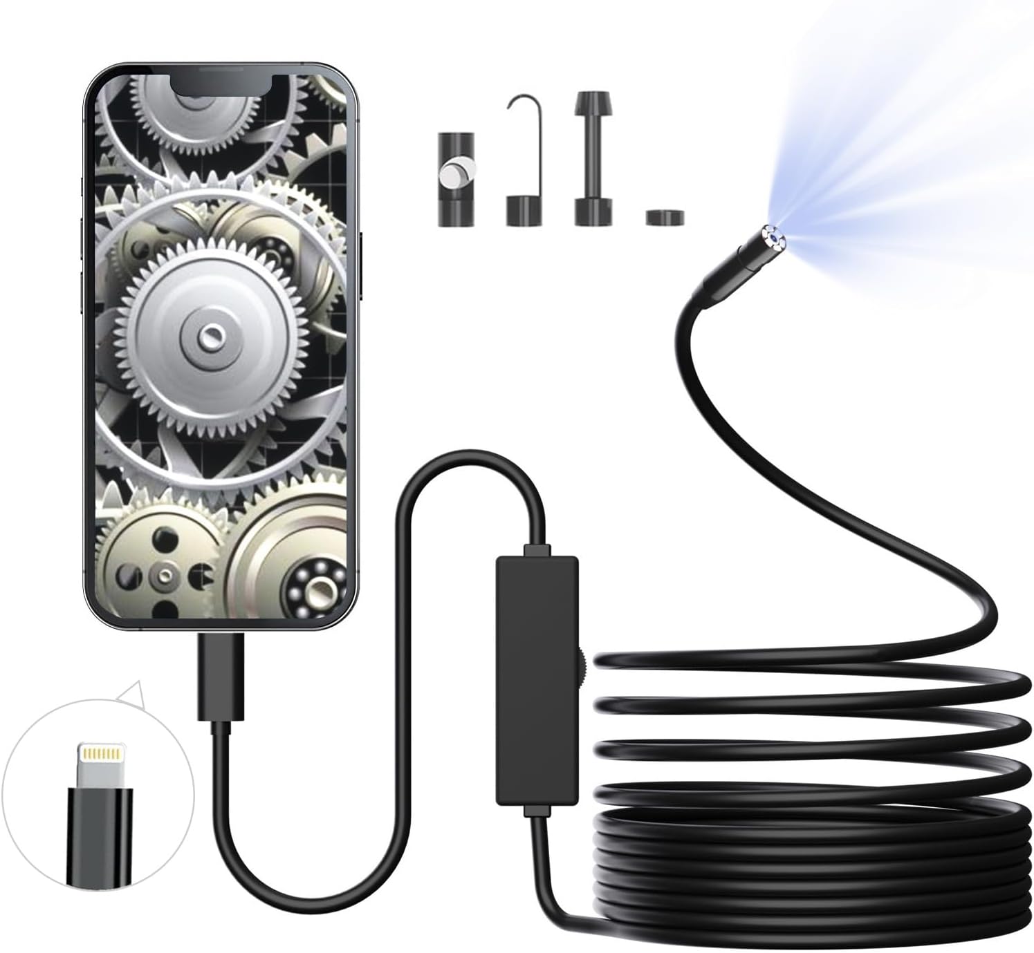 Endoscope Camera with Light, 1920P HD Borescope with 8 Adjustable LED Lights, with iOS System,not for 15+