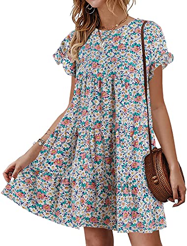 Image of Imysty Womens Boho Floral Ruffle Sleeve Babydoll Loose Flowy Casual Summer Pleated Mini Dress