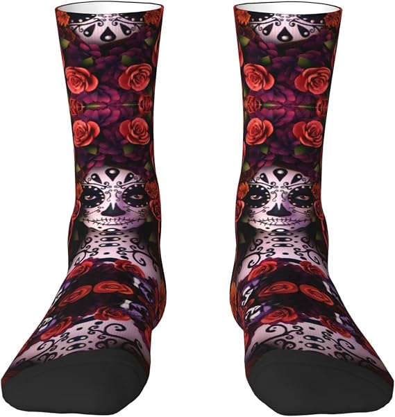 Colorful Socks for Men Women, Funny Patterned Day Of The Dead Sugar Roses Skull Crew Socks, Breathable, Size 5-11