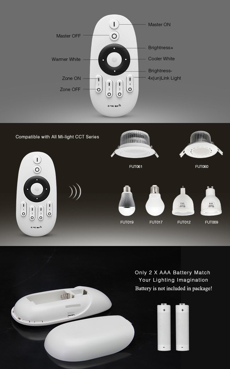 LGIDTECH FUT007 Mi.Light CCT WW+CW 4-Zone Remote Controller (Battery Not Included) for Milight/Miboxer Color Temperature Adjustable LED Lamps and LED Strip Light Controller FUT035 FUT036