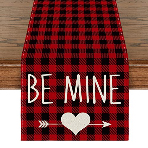 Artoid Mode Buffalo Plaid Be Mine Arrow Love Heart Table Runner, Seasonal Valentine's Anniversary Wedding HoliKitchen Dining Table Runners for Home Party Decor 13 x 108 Inch