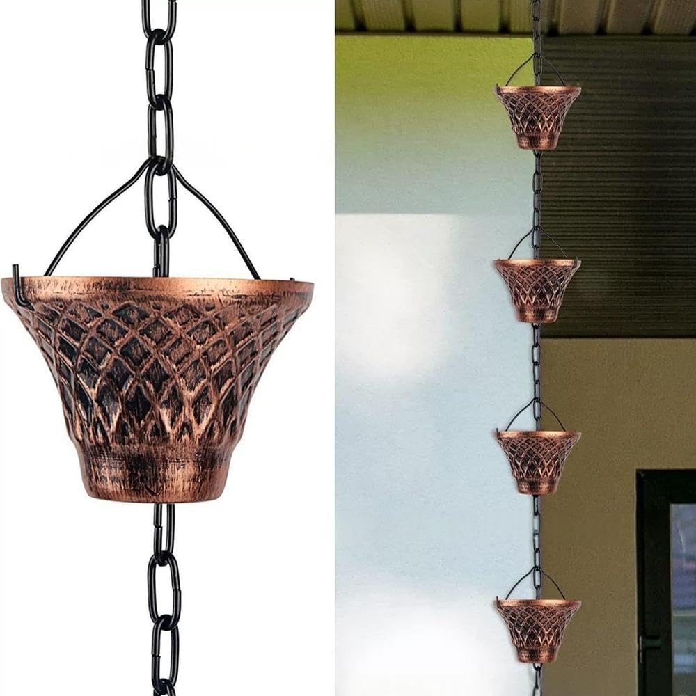 Catene da pioggia per esterni, catena per grondaia da 2,8 m, con 12 tazze a imbuto, catena di ricambio per grondaie, catena raccogli pioggia regolabile con campana per decorazioni da giardino