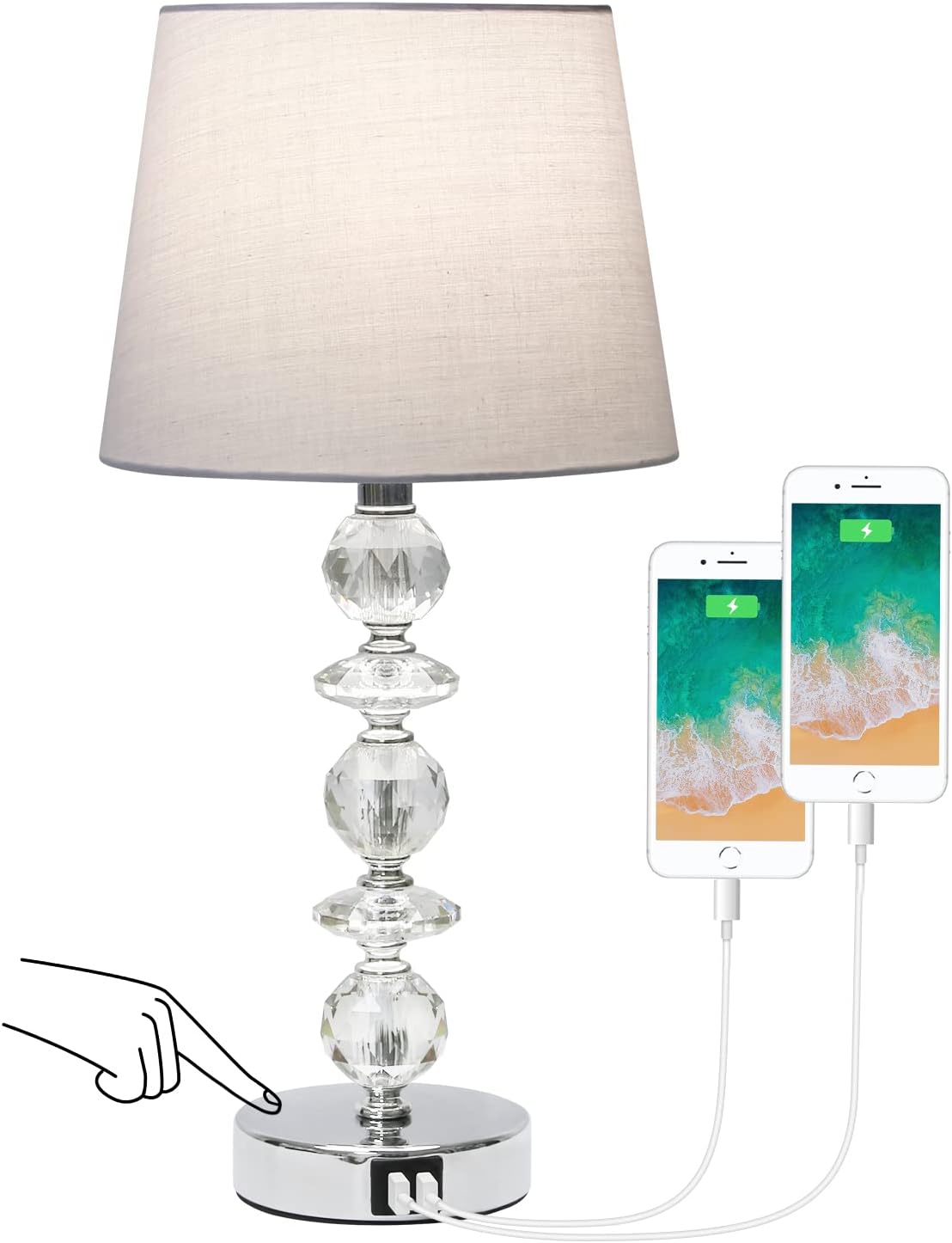 Touch Control Crystal Table Lamp with Dual USB Ports, 3 Way Dimmable Decorative Nightstand Lamp, Modern Bedside Lamp with Gray Shade and Stacked Crystals for Bedroom, Living Room, 8W LED Bulb Included