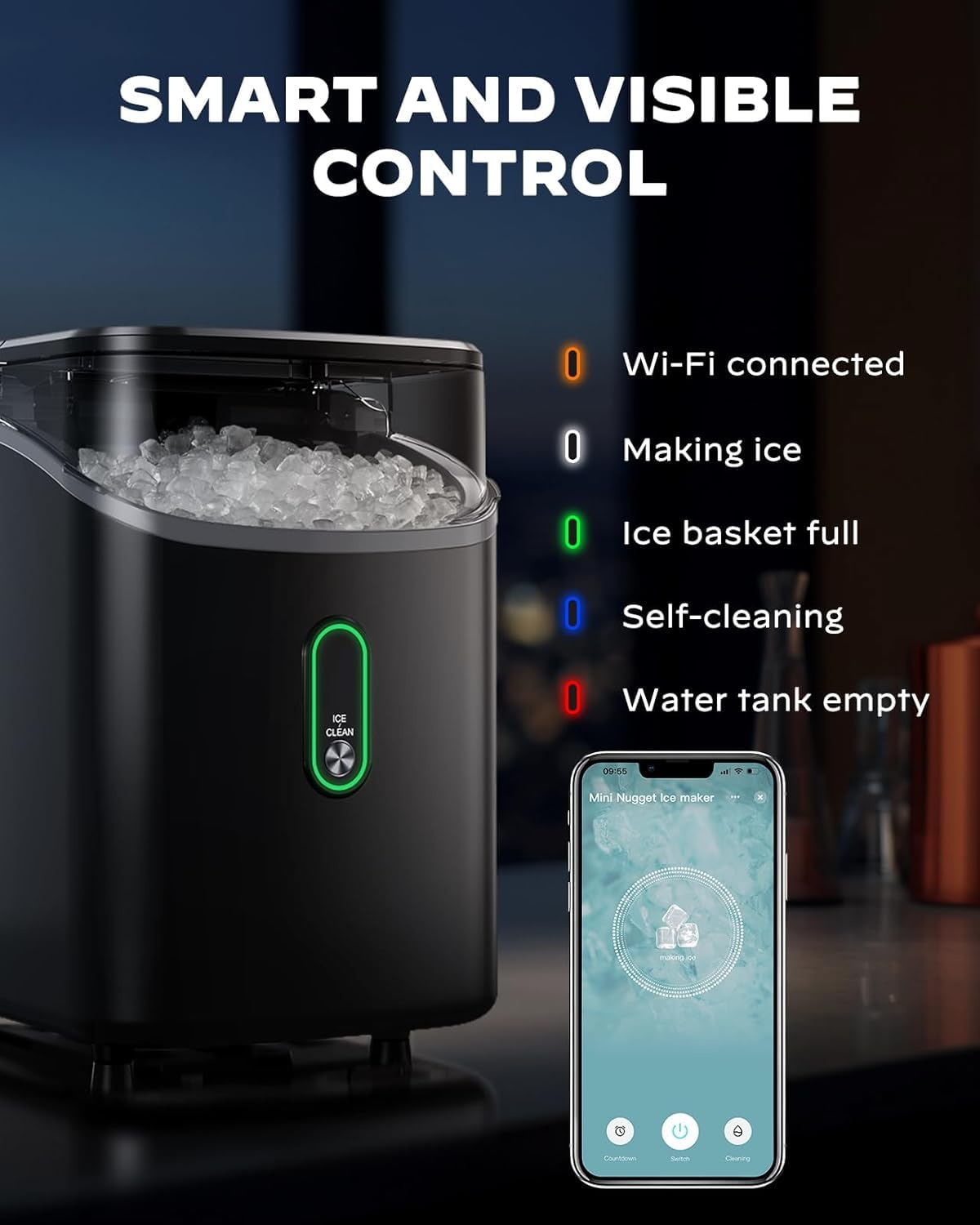 Silonn WiFi Nugget Ice Maker Countertop, 33lbs/24h Soft Chewable Pebble Ice Machine, Timer Function & App Status Alerts, Compact For Home, Kitchen & Office Use on Fridge.com - View 6