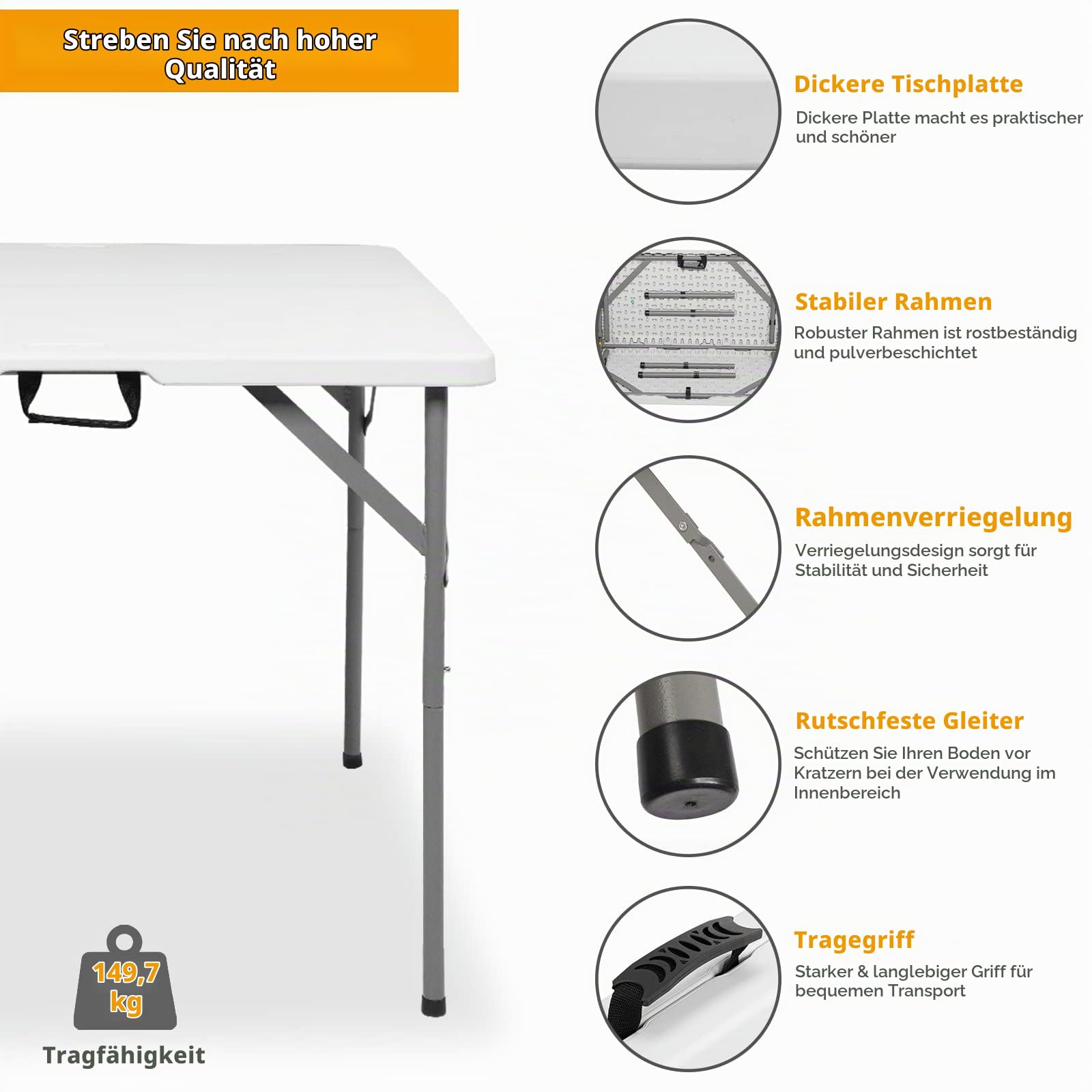 Bonnlo Campingtisch Klappbar, Quadratischer Klapptisch Gartentisch, zweifach klappbarer kommerzieller Tisch, tragbarer Esstisch aus Kunststoff, für Küchen Garten Party Hochzeit Innen & Außen, Weiß