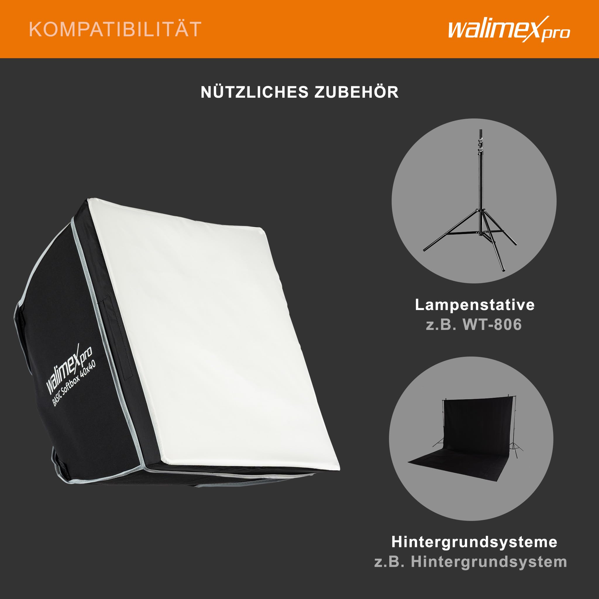 Walimex pro Softbox 40x40cm, ruotabile a 360°, incluso diffusore frontale e intermedio, borsa per il trasporto, adattatore Bowens, ideale per la fotografia di prodotti e persone