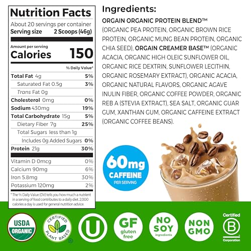 Image of Orgain Organic Vegan 21g Protein Powder, Iced Coffee, 2.03 lb | Plant based protein, 60mg of caffeine, low net carb, no added sugar or lactose ingredients, non-GMO, for shakes & smoothies