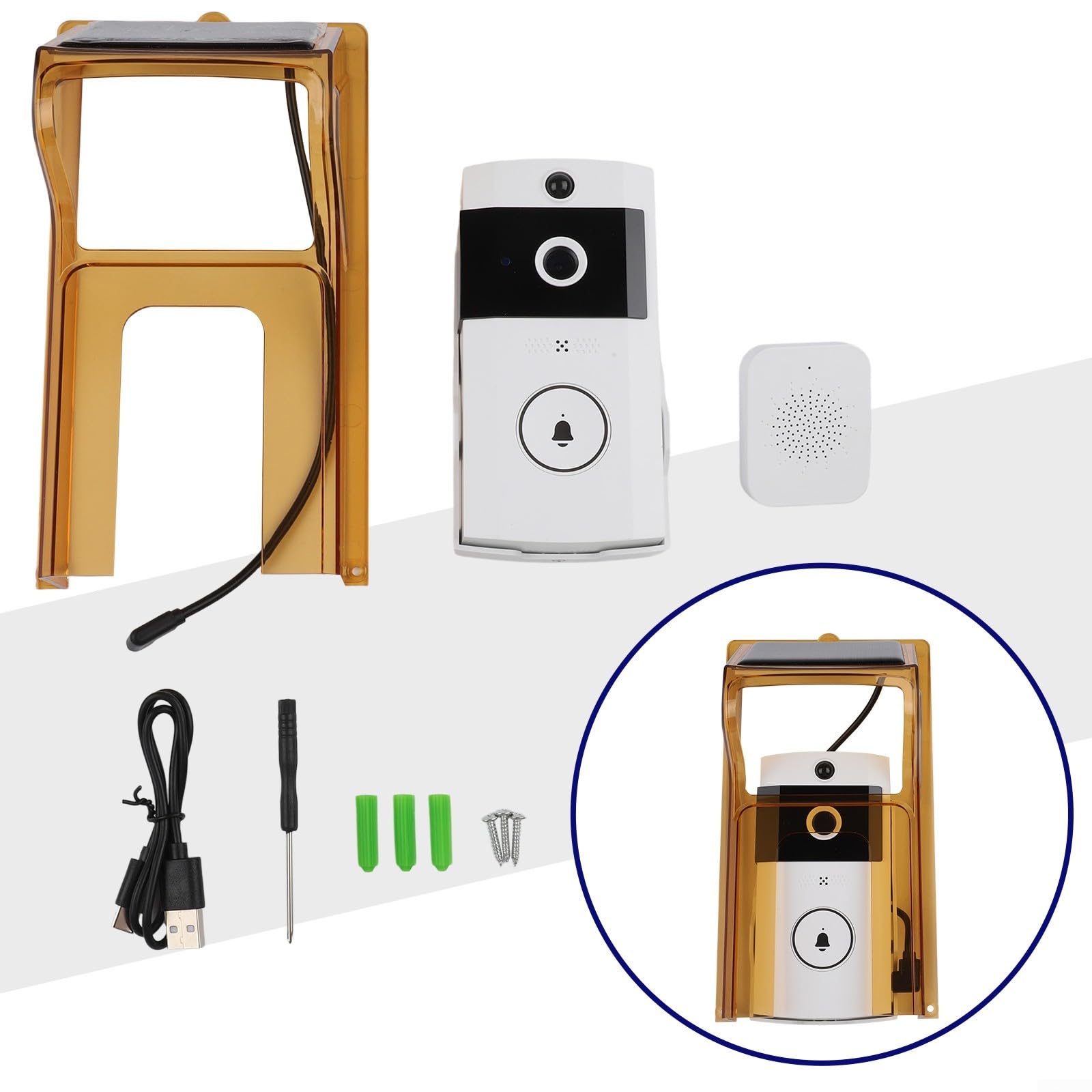 Campanello a energia solare, copertura antipioggia per campanello senza batteria, copertura per pannello solare per visione notturna, custodia impermeabile, citofono bidirezionale (con campanello)