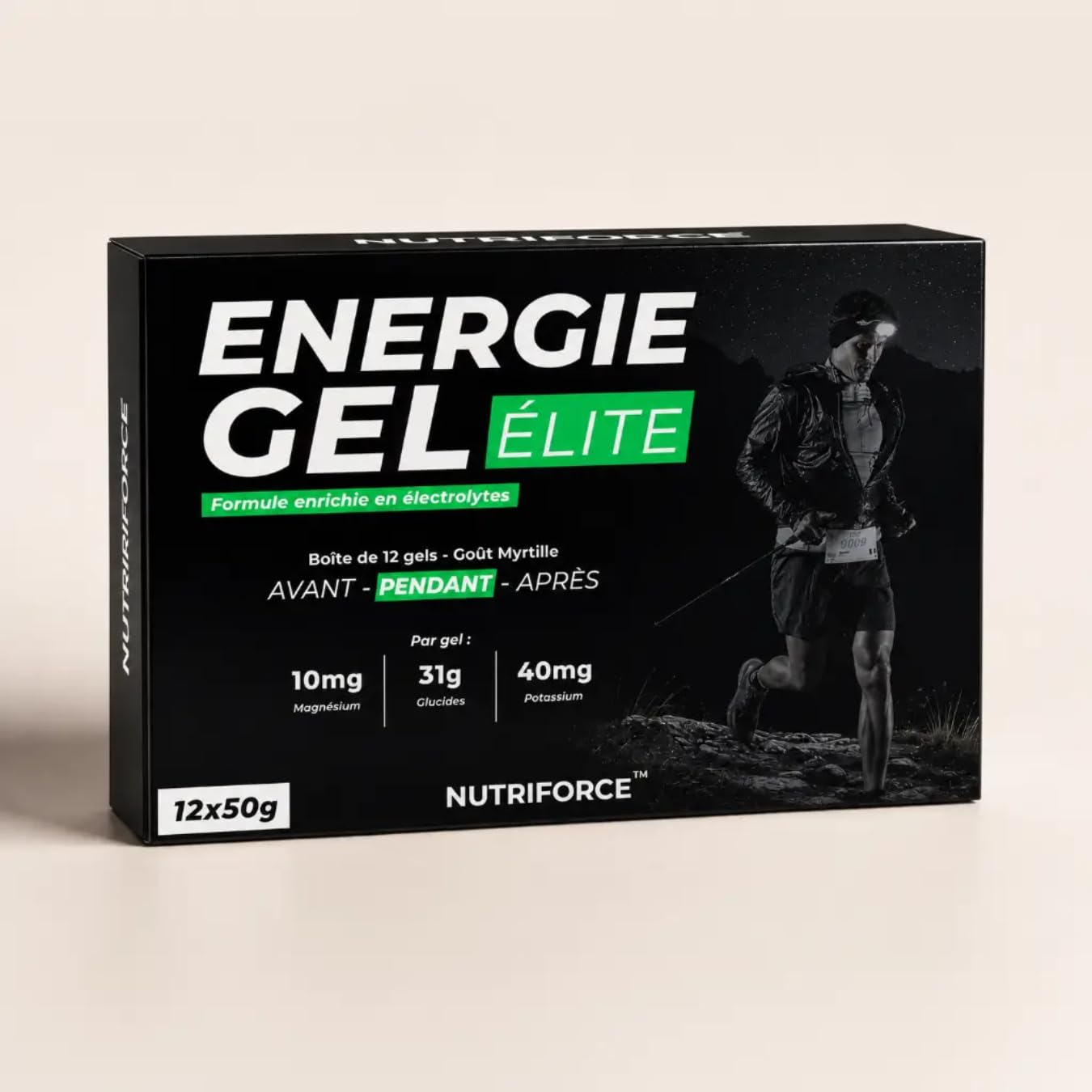Nutriforce Gel Énergétique Running – 31 g Glucides + Électrolytes – Myrtille - Boîte de 12 gels
