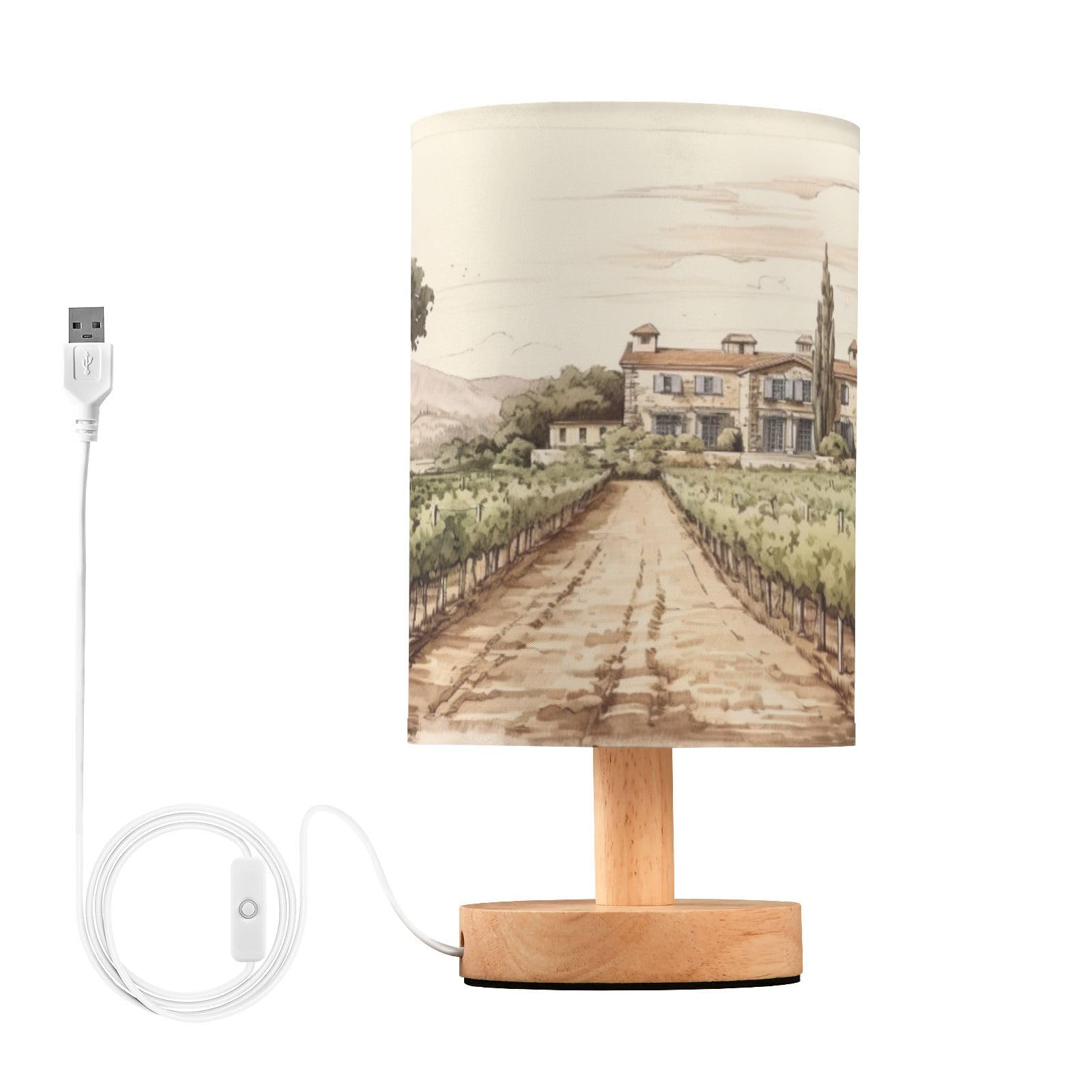 SDMKA Vintage Field Drawing Bedside Table Lamp for Bedroom, Minimalist Nightstand Lamp with Round Fabric Shade for Living Room, Office, No Bulb Required