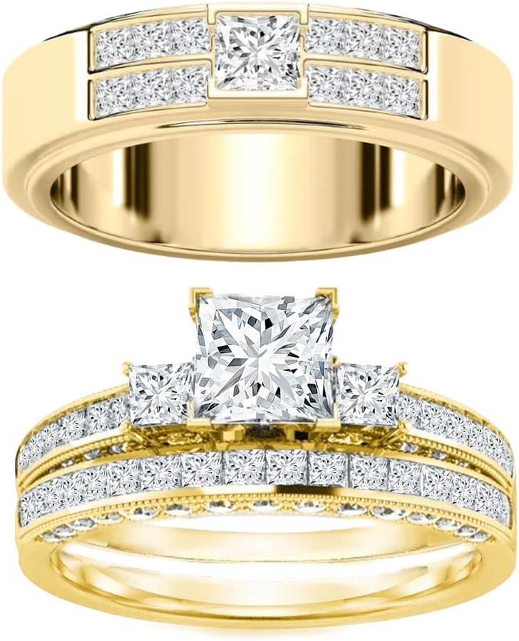 Couple Ring Set 925 Sterling Silver/10K/14K/18K Gold Dainty Moissanite Couple Engagement Wedding Promise Rings for Women and Men Personalized Free Engraving