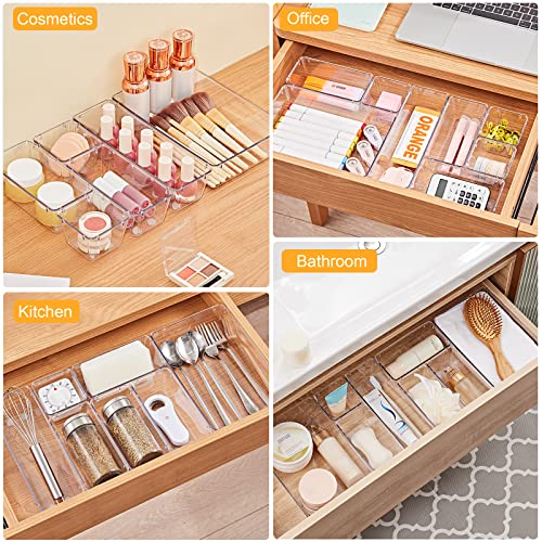 Image of SMARTAKE 28 Piece Drawer Organizers with Non-Slip Silicone Pads, 4-Size Desk Drawer Organizer Trays Storage Tray for Makeup, Jewelries, Utensils in Bedroom Dresser, Office and Kitchen, Clear