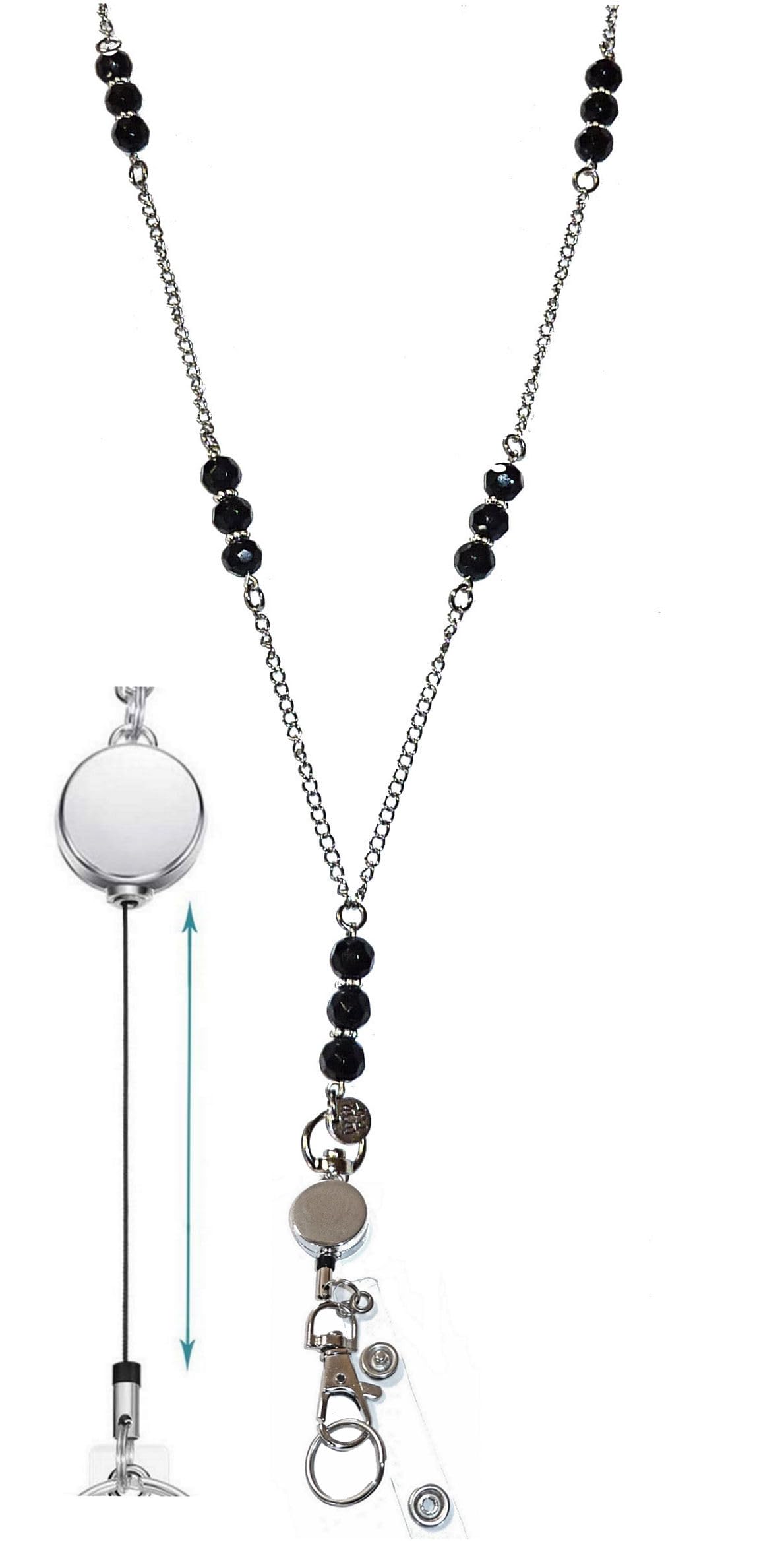 Hidden Hollow Beads Retractable Badge Reel Women's Stainless Steel Lanyard Strong ID Card Holder Keys Teacher Nurse Cruise