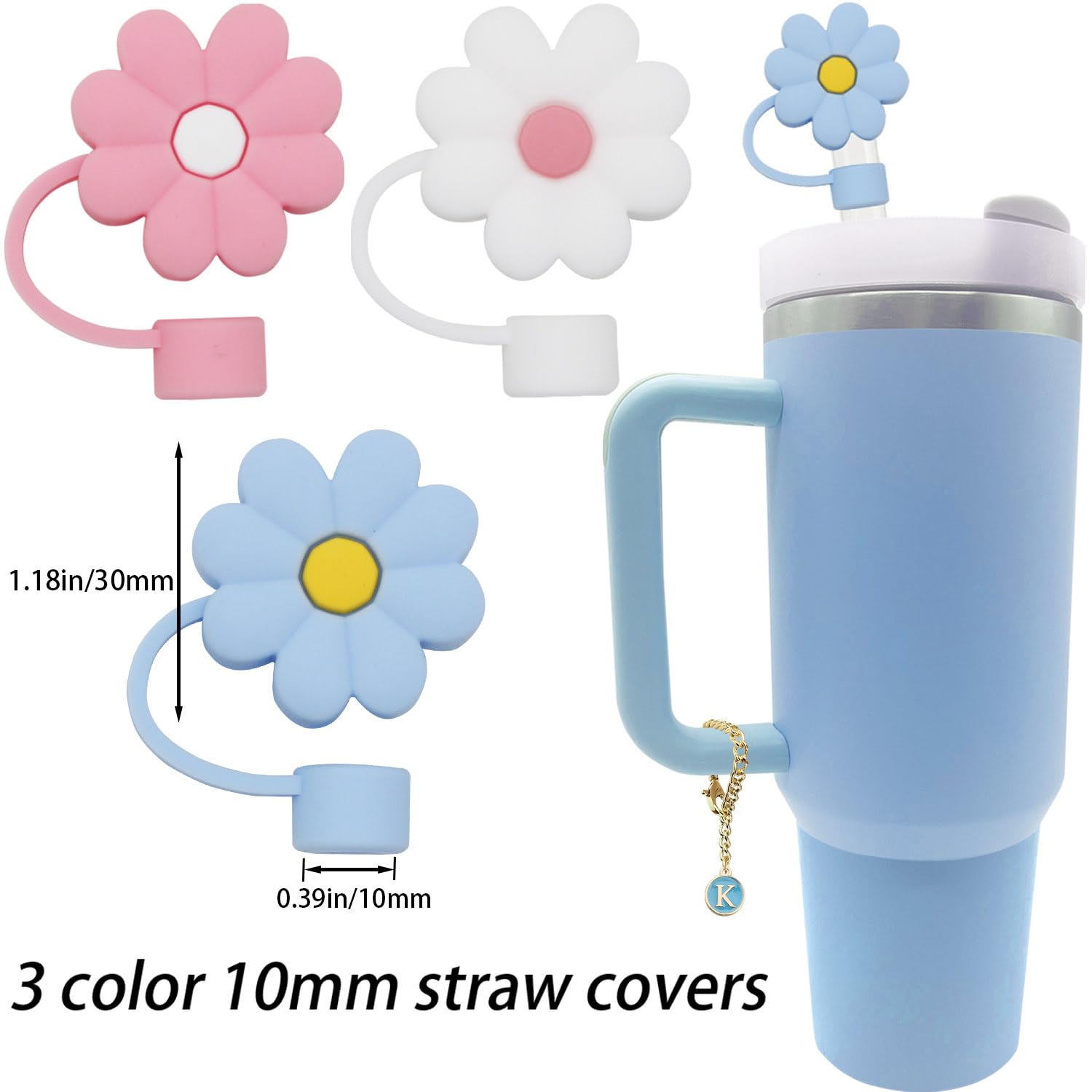 Tovly 6PCS Straw Cover Cap Stanley Cup Accessories Initial Personalized Letter Charms Reusable 10mm Flower Silicone Straw Tips Lids Protectors Stanley 30&40 Oz Tumblers (3PCS Letter K+3PCS Flower)
