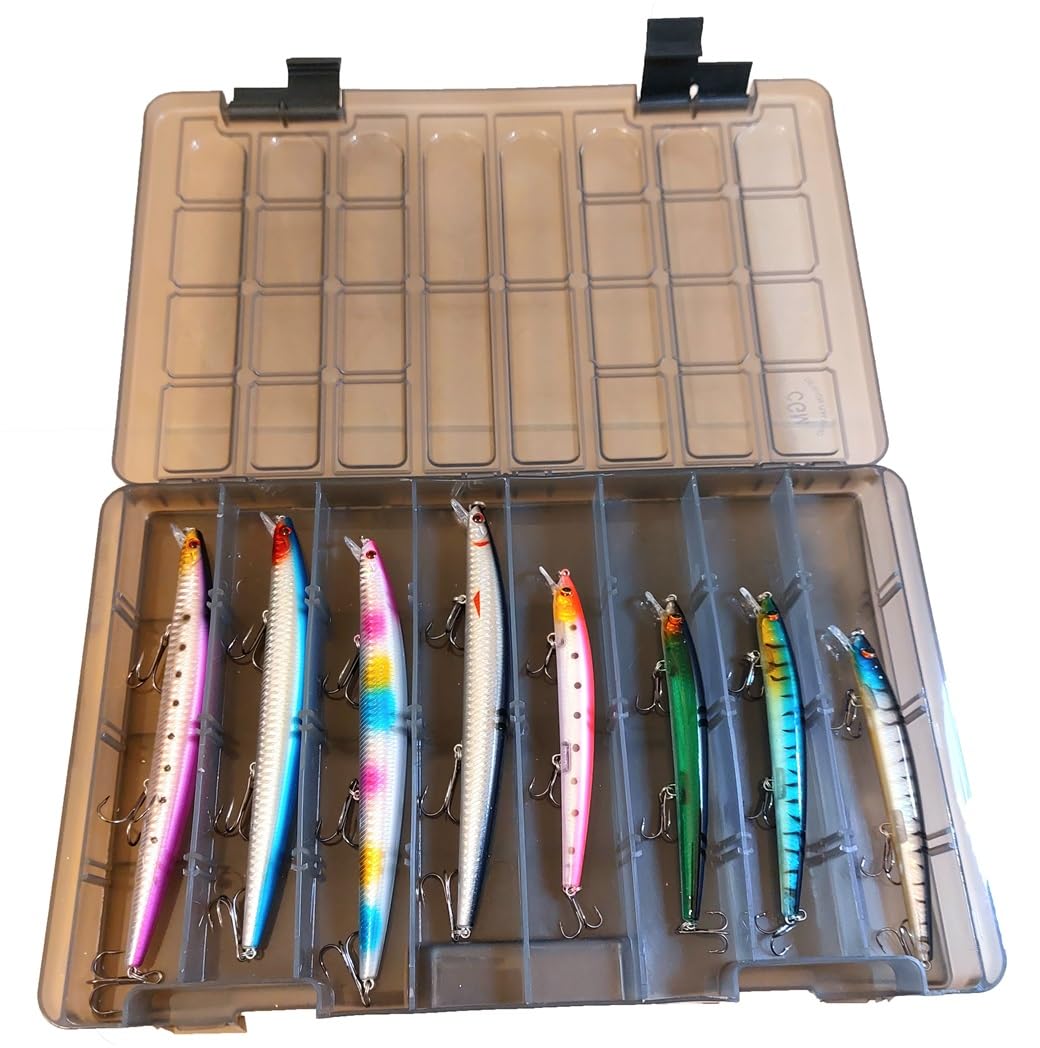 Set Scatola + 8 Long Jerk Real Effect Spinning Spigola Serra Barracuda Pesca Mare Esca Artificiale