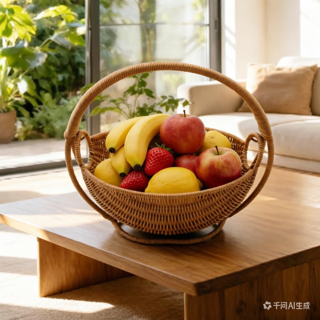 Fruit Basket Bowl Storage, Handwoven Wicker Swing Hanging Vegetables Basket, Waterproof PP Wicker Storage Basket for Fruits，Snacks & Dry Foods