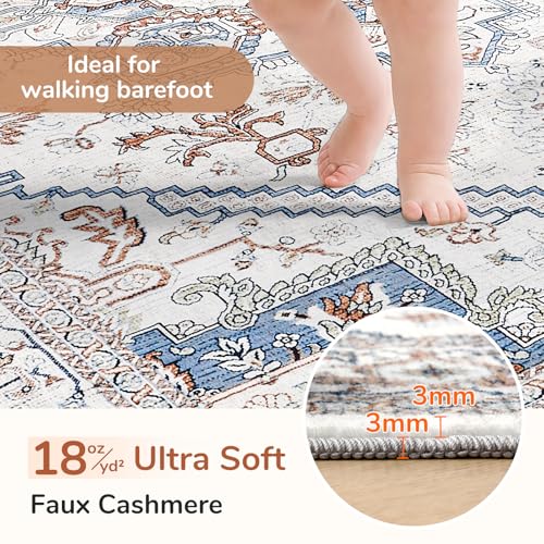 OPPODREAM Soft Round Rug 3ft, Neutral Washable Circle Rug 3ft with Non Slip Backing Play Room, Low-Pile Carpet 3 ft, Small Faux Cashmere Throw Carpet, Cream White & Blue & Light Brown