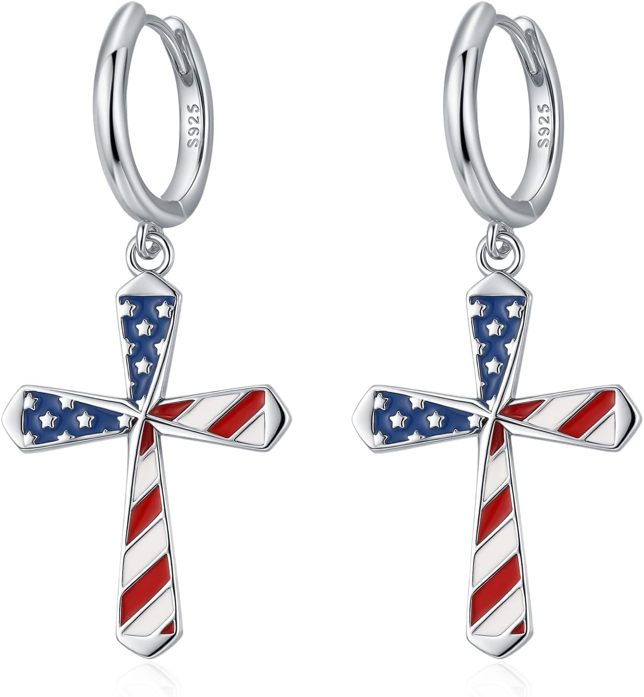 JUSTKIDSTOY American Flag Earrings for Women 925 Sterling Silver Cross/Star/Heart/Rock and Roll Leverback Earrings Dangle Hoop Earring Patriotic Jewelry 4th of July Gifts