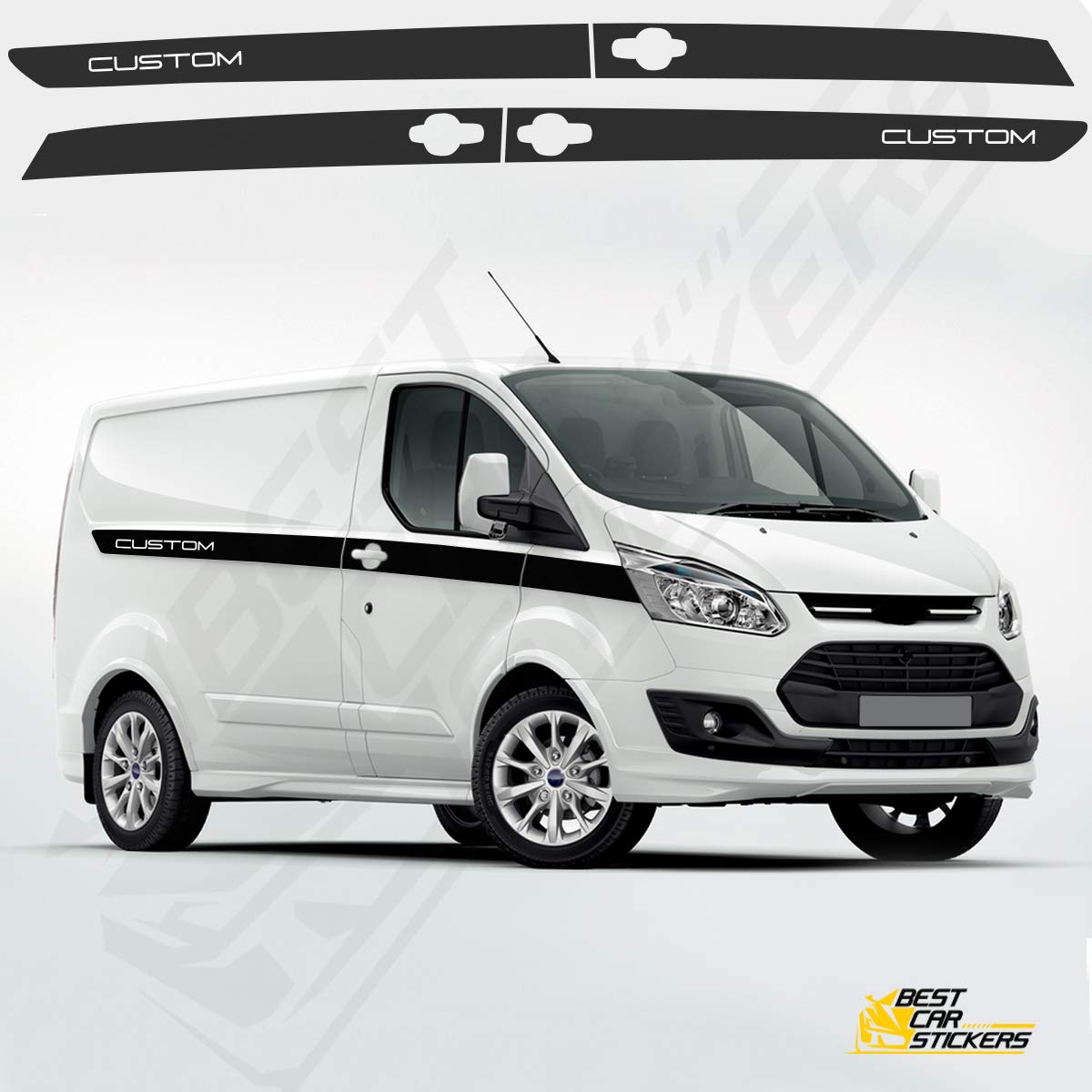 Fits Ford Transit SWB Custom Side Racing Stripes Graphics Stickers UK (Black Gloss)
