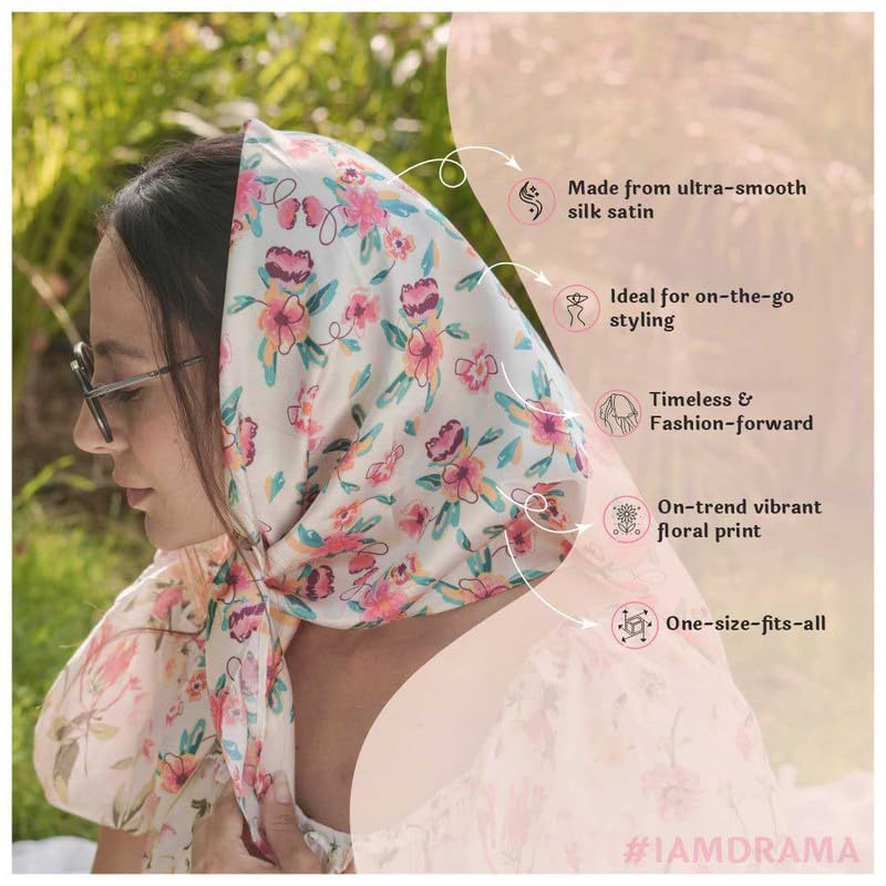 Image of Hair Drama Co. Elastic Bandana Head Scarf for Women | Silk Satin Head Wrap Bandana Scarves | Boho Style Statement Headband Stylish Design | All Day Wear Scarves | Hair Scarf Accessories