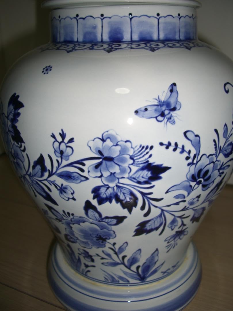 デルフト焼花鳥風月ブルー×ホワイト蓋つき壺大飾り壺 デルフト焼き 風車